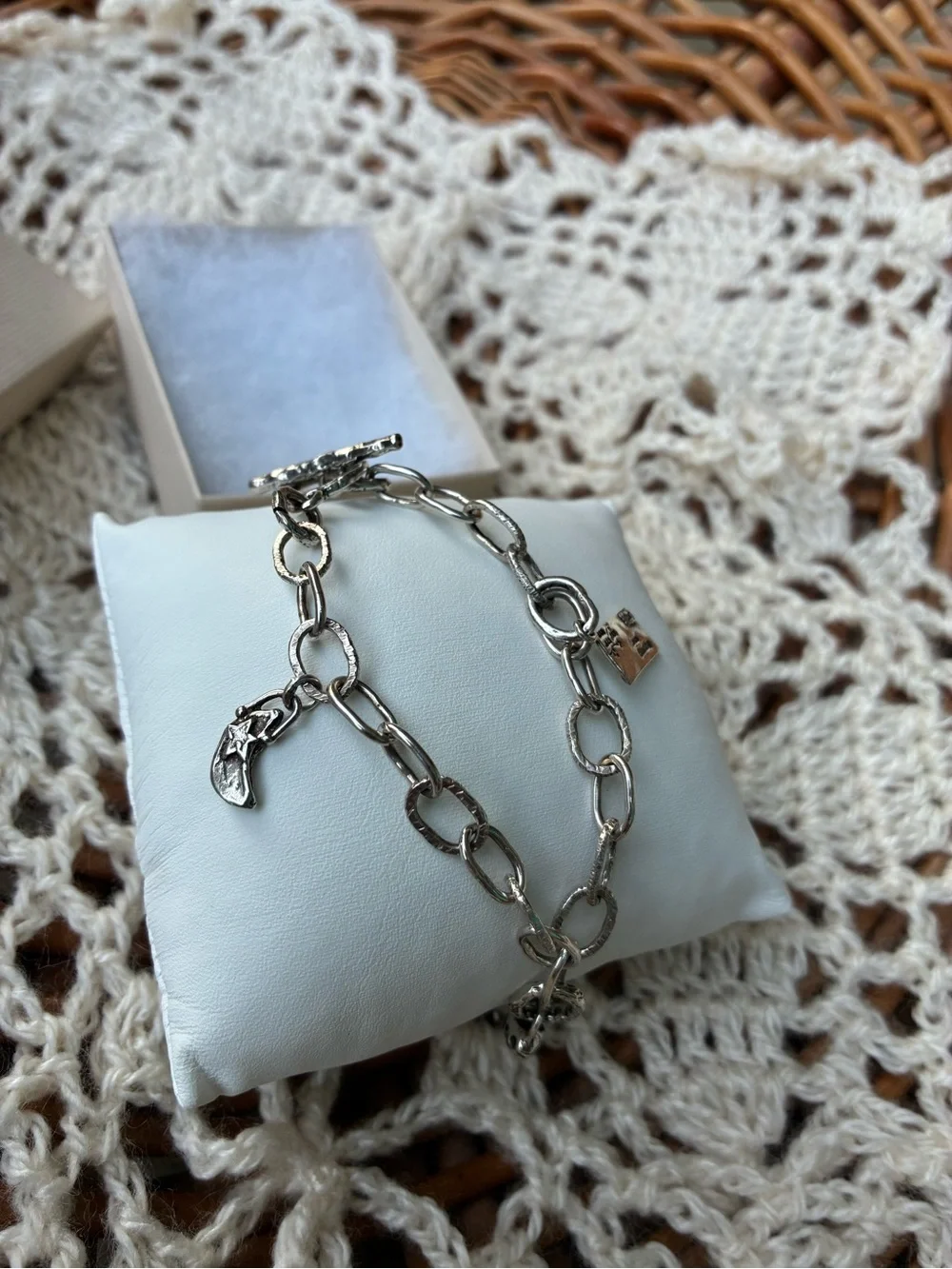 Handmade Artisan .925 solid sterling oval link toggle bracelet 7” 🌙♥️ charms